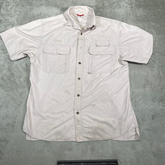 BSA Button Up Shirt Short Sleeve Camp Casual Outdoor Beige Size‎ Large - Picture 1 of 12